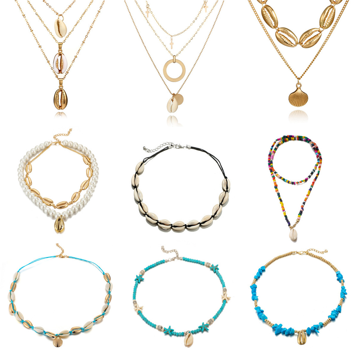 欧美跨境配饰品夏威夷风个性休闲项饰短款松石贝壳项链颈链女