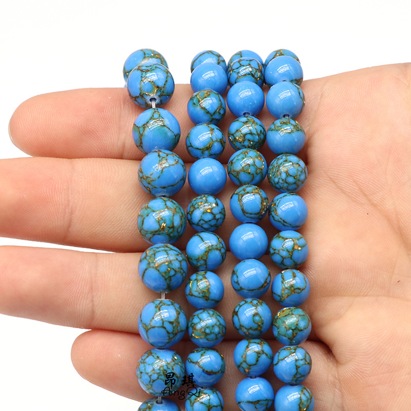 厂家直销 天然石新款金线松散珠 diy金线绿松石混合圆珠配件跨境