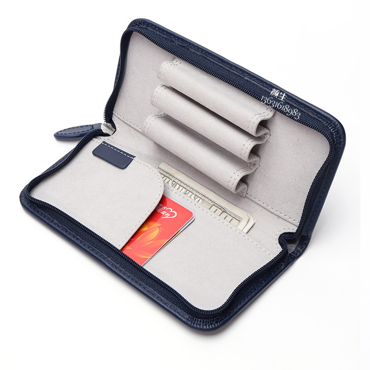 真皮拉链笔袋 头层牛皮钢笔收纳袋 高端三支装钢笔拉链包厂家定制