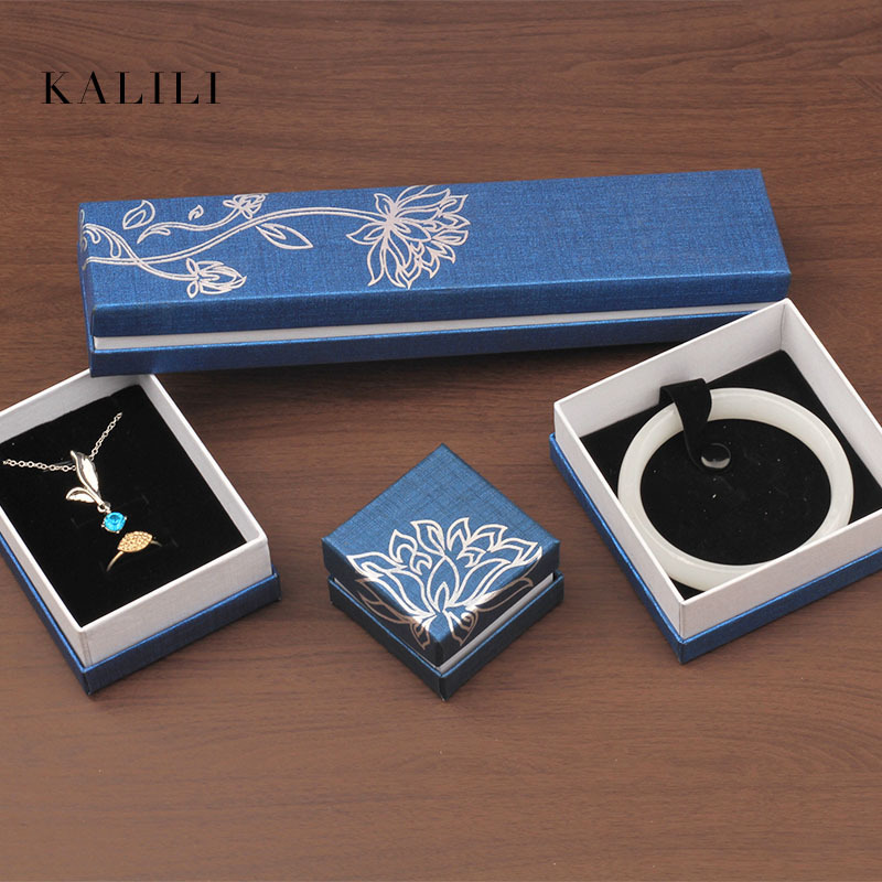 蓝色烫银荷花盒子项链吊坠手镯盒首饰收纳盒饰品小物件展示盒子