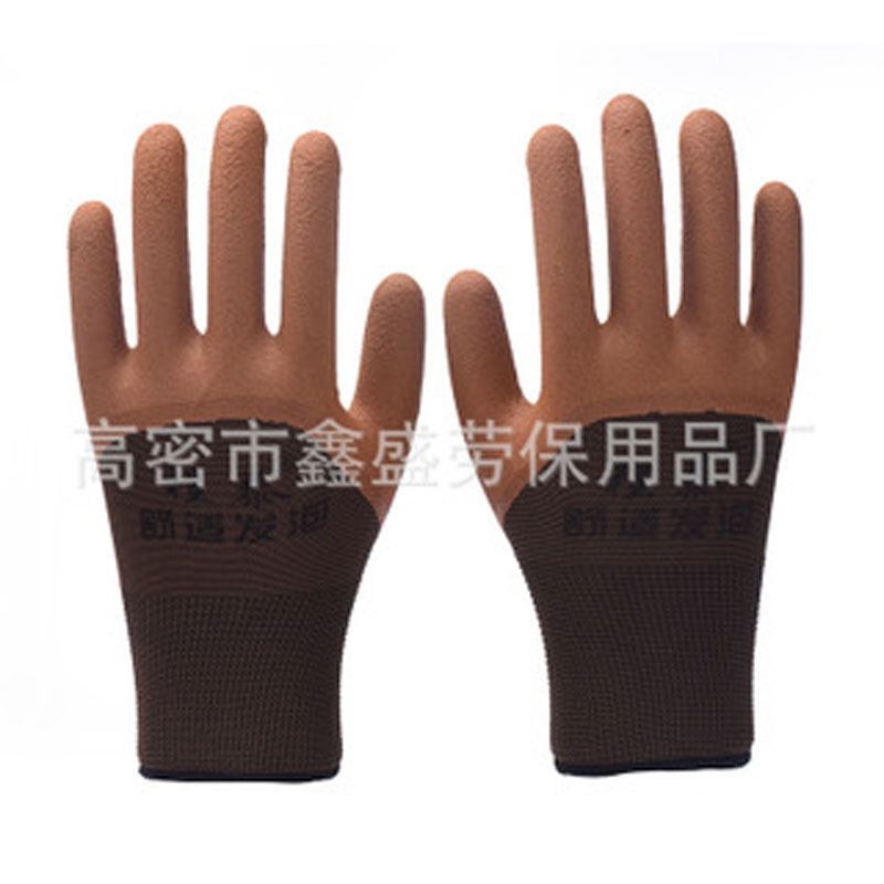 Men's Construction Site Labor-Protection Protective Gloves Coffee Foam Semi-Hanging Protective Gloves Dipped Wear-Resistant Gloves Wholesale