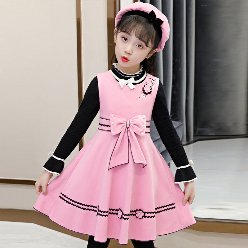 女童连衣裙冬装三件套秋冬裙子儿童毛呢背心套装冬季公主裙洋气