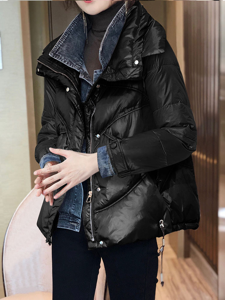 梵莉思黑色短款牛仔拼接加厚羽绒服女小个子外套冬装2021年新款欧