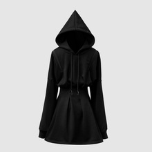 暗黑秋冬黑色卫衣连衣裙小心机设计感长袖修身显瘦短款裙子女装