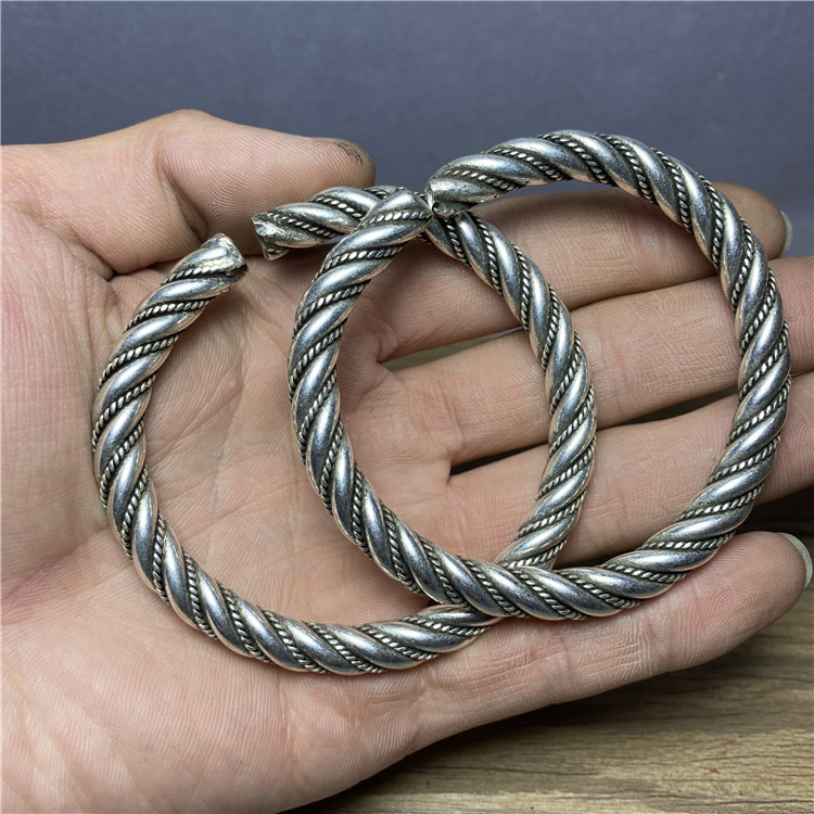 仿古古玩明清苗银藏银三股实心老银匠开口手镯银绞丝银镯子女手环