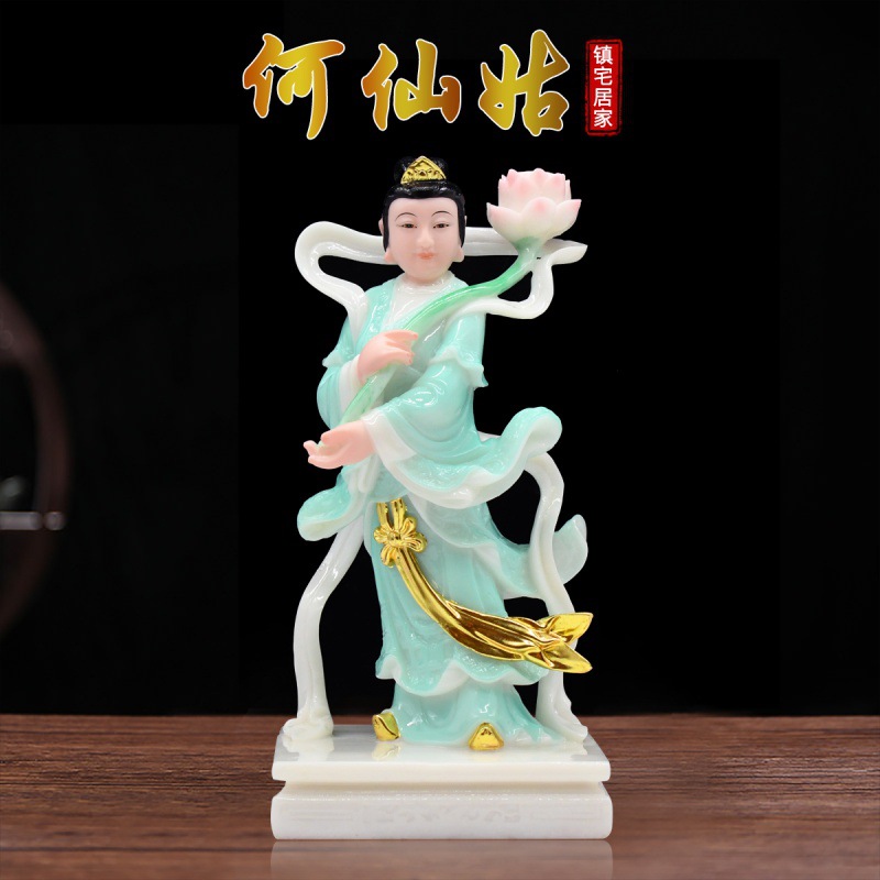 汉白玉何仙姑神像居家供奉保平安荷花仙子摆件八仙何仙姑佛像