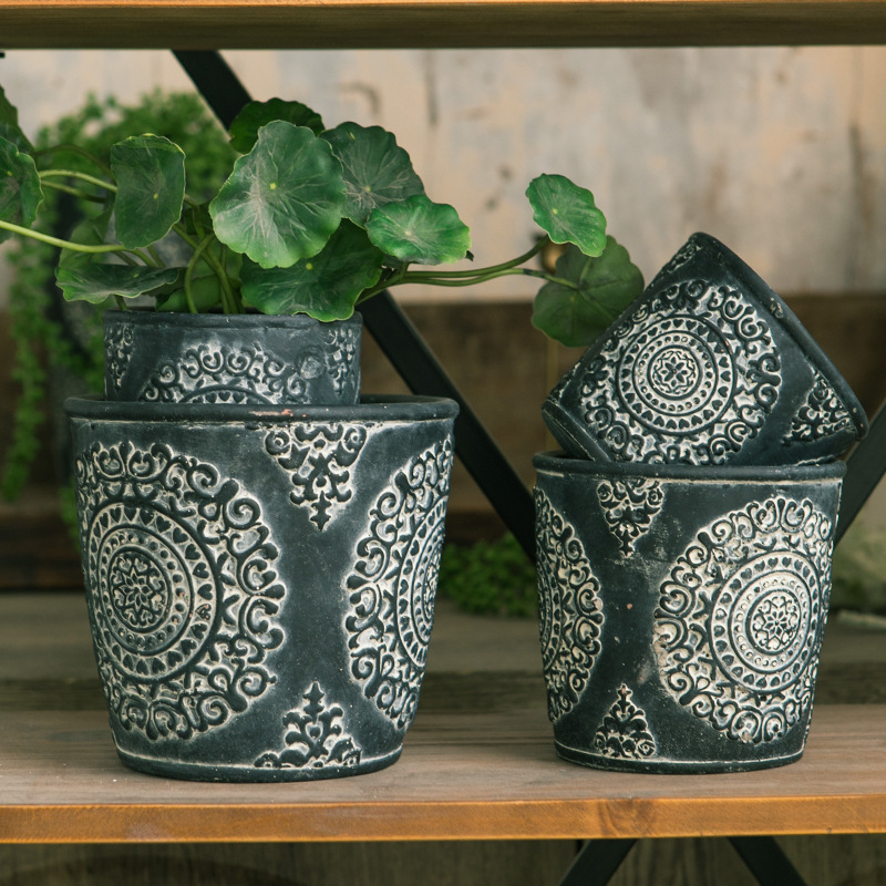 非洲浮雕复古水泥花盆创意家居摆件阳台花器植物盆装饰花纹工艺品