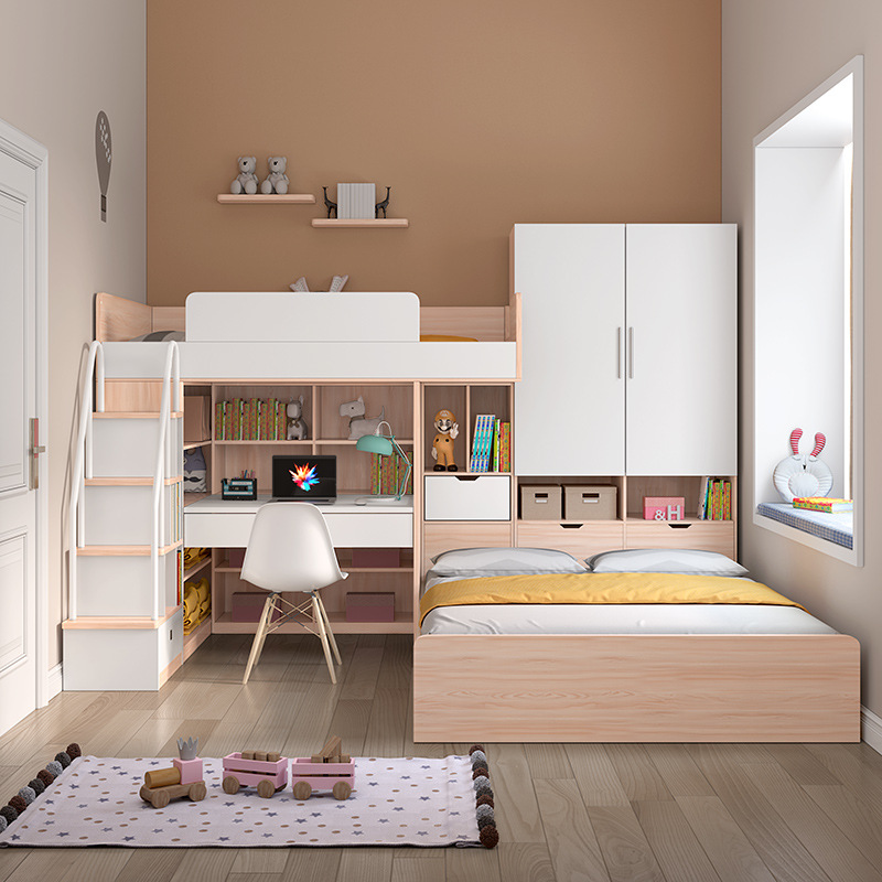 儿童成人高低子母床上下交错式省空间双层衣帽间榻榻米床