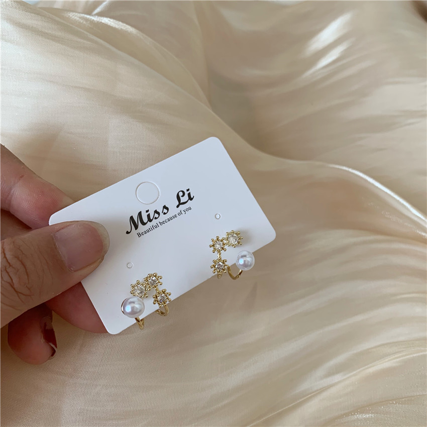 韩国设计师款水钻小太阳珍珠后挂耳钉耳饰淑气质优雅耳环925银针