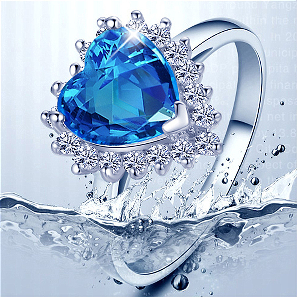 外贸戒指海洋之心形微镶戒指泰坦尼克号开口可调心形蓝水晶指环