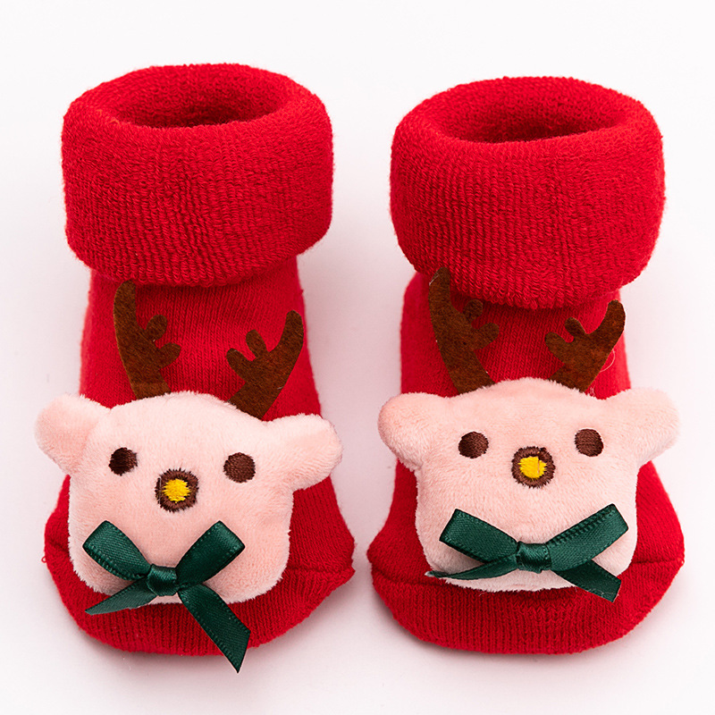 Newborn Baby Winter Big Red Terry Non-Slip Floor Socks Baby Cartoon Doll Middle Tube Christmas Stockings Not Feel Tight with Feet