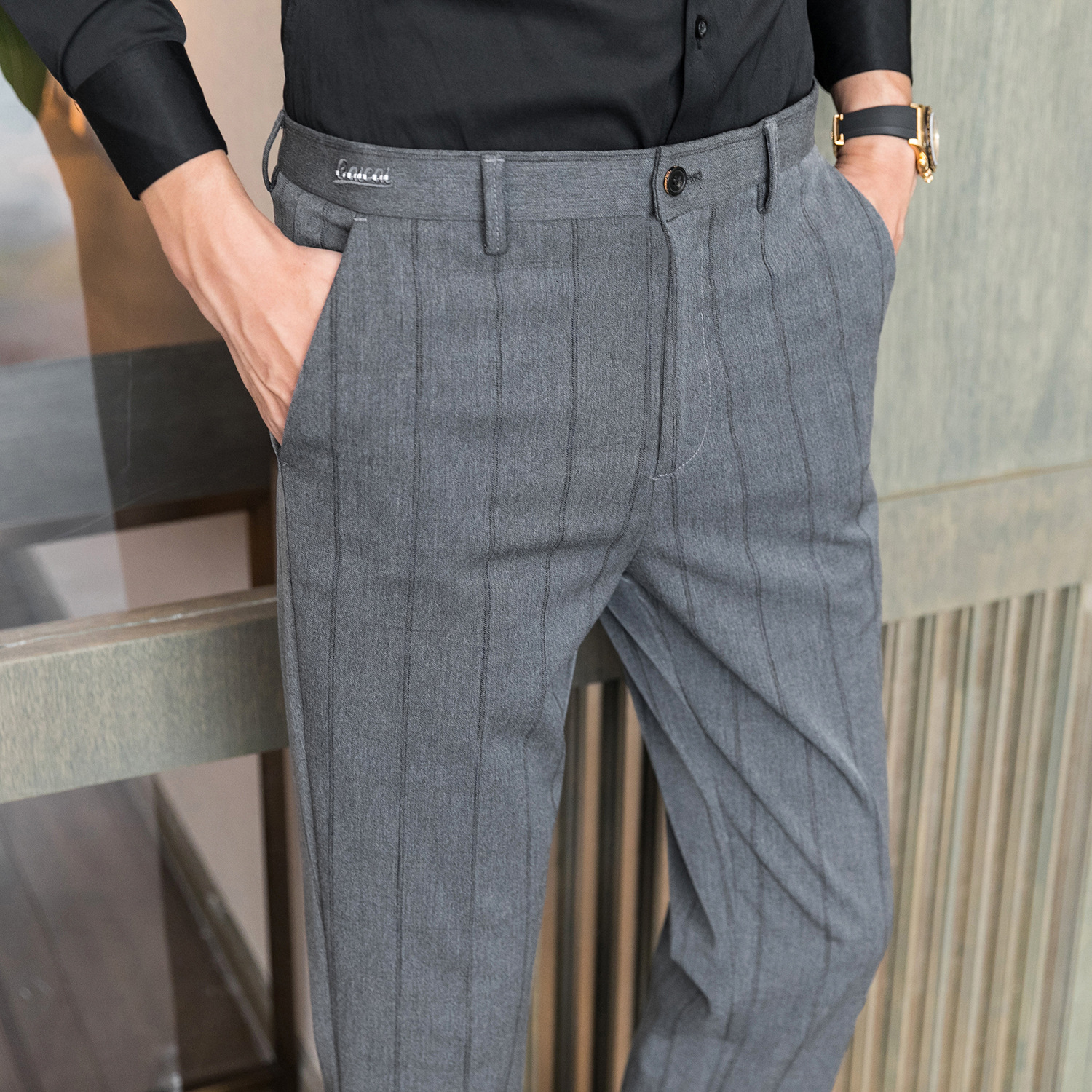 一件代发淘宝外贸批发2020秋冬韩版修身休闲裤条纹西裤男式裤子