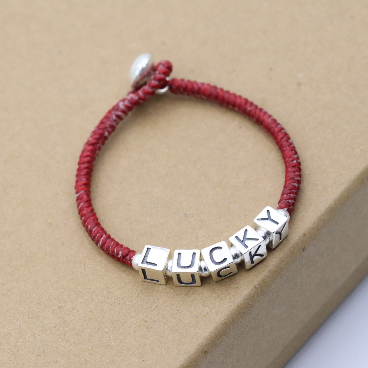 韩版s925纯银幸运字母珠lucky手链 泰国蜡绳手工编织红绳男女复古