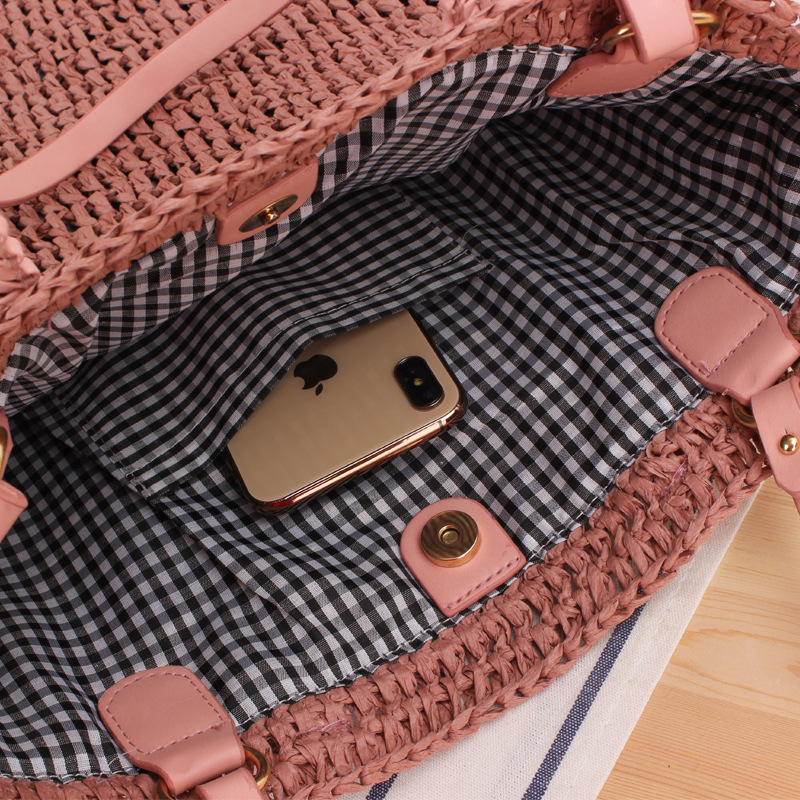 New Solid Color Hollow Shoulder Hand-Carrying Dual-Use Woven Bag Mori Style Vacation Beach Handmade Straw Bag