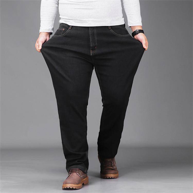 特大码加绒加厚牛仔裤男中年胖子肥人宽松弹力深裆阔腿肥佬男裤子