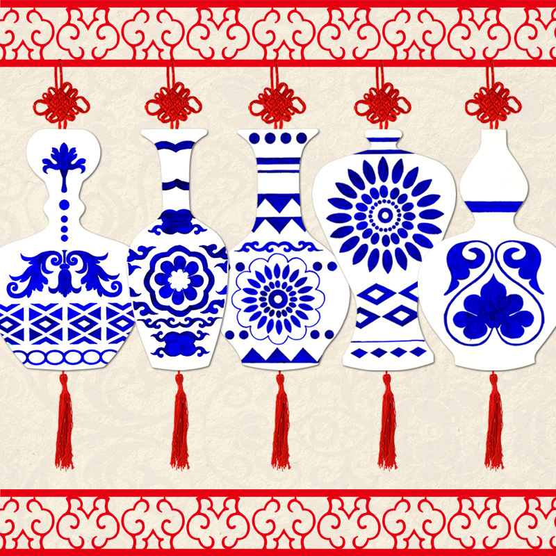 希宝 硬卡纸板青花瓷花瓶吊饰幼儿园手工制作彩绘白底填色美术diy