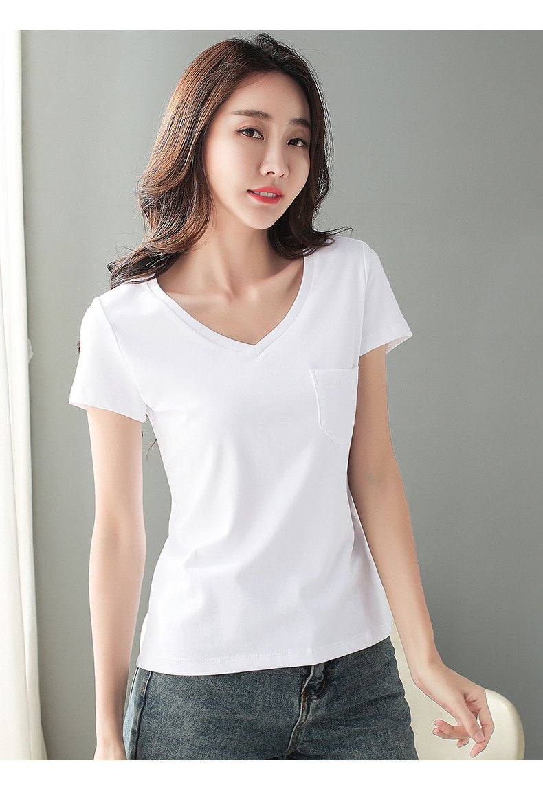 2021新品夏季口袋v领短袖t恤女白色修身韩版学生潮流个性打底衫