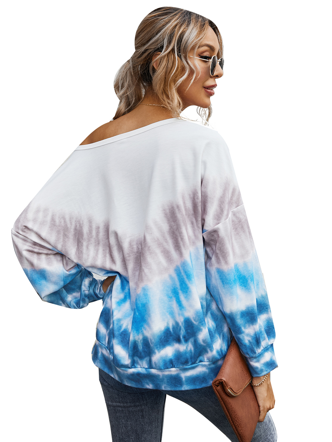 原创跨境女装亚马逊2020年秋冬拼色扎染t恤女一件代发