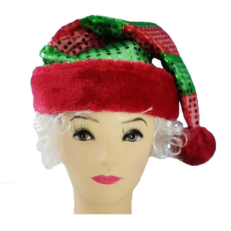 圣诞帽红绿珠片拼条三角帽毛绒帽子圣诞节帽子成人加厚亮片大毛球
