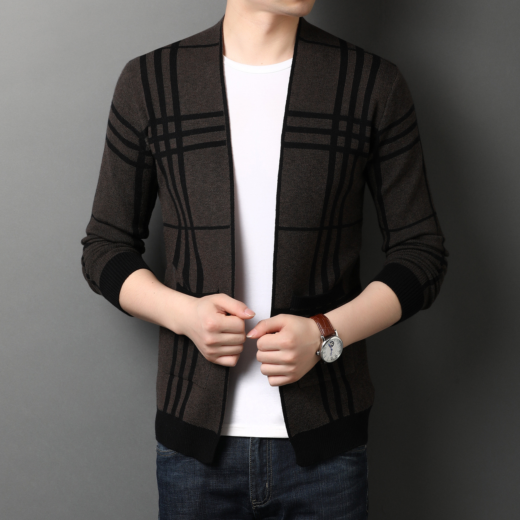 开衫男针织衫外套男士秋季毛衣外穿披肩线衣休闲格子潮流修身韩版