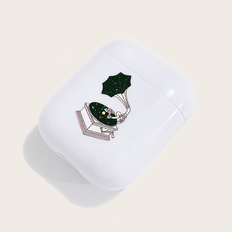 白色彩绘留声机苹果无线蓝牙耳机保护壳适用于airpods2pc硬壳定制