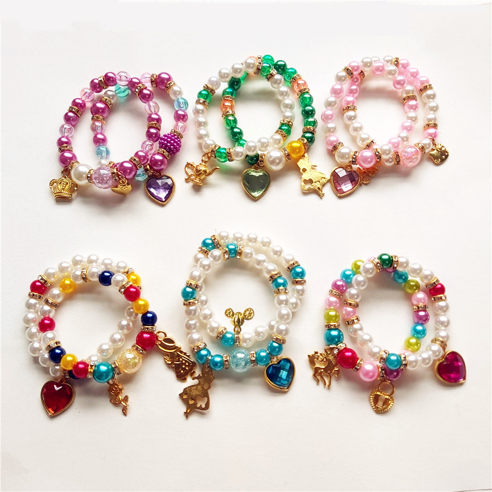 儿童卡通公主手链灰姑娘贝儿白雪公主独角兽双层珍珠手链
