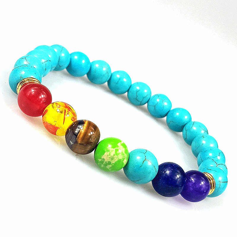 欧美热卖天然火山石七彩脉轮手链虎眼石兰松石chakra七彩能量手串