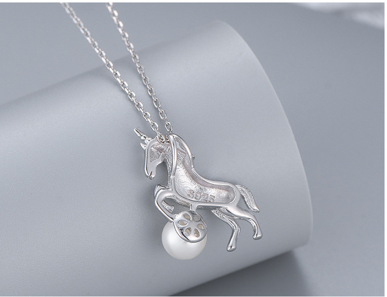 韩版925银生肖马项链女时尚创意珍珠吊坠锁骨链diy空托饰品批发