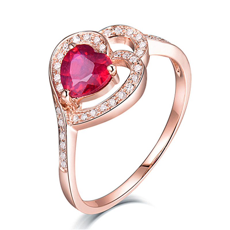 彩宝石大红钻爱心形戒指 镀玫瑰金18k满钻开口红宝石戒指水晶钻戒