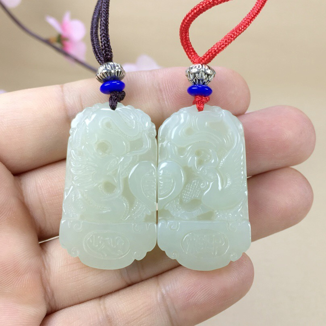 和田玉情侣玉佩 一对 龙凤配 保真玉石吊坠男女款心心相印玉吊坠