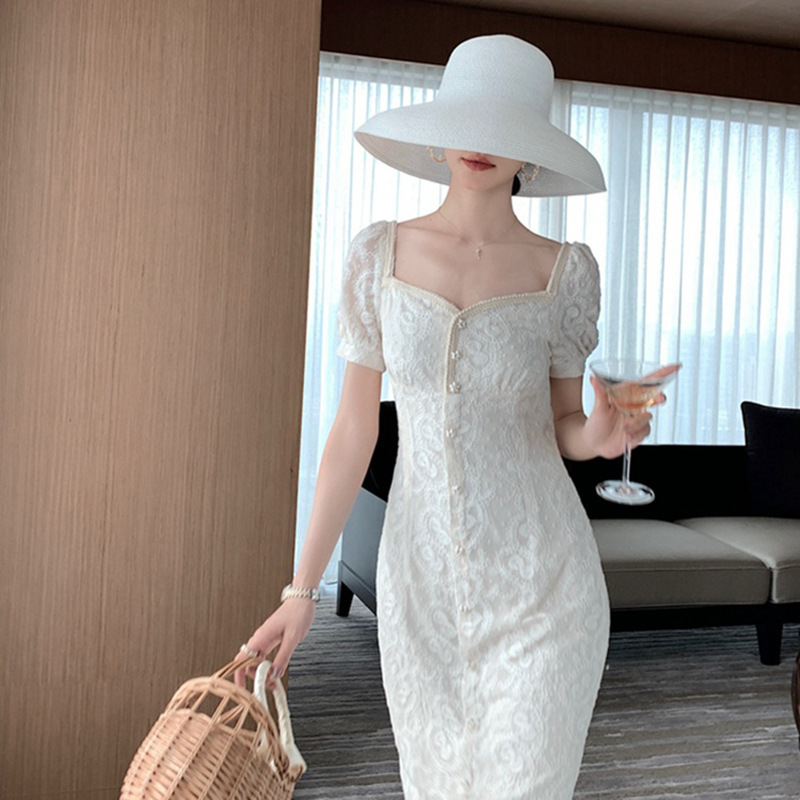 温柔风法式方肩长裙超仙女森系设计感小众显高显瘦气