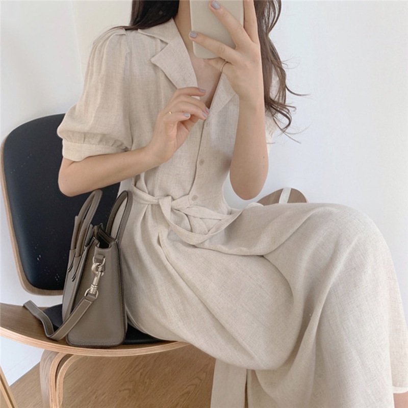 Korean Chic Summer Elegance Elegant Lapel Three-Button Side Lace-up Waist Puff Sleeve Linen Dress for Women