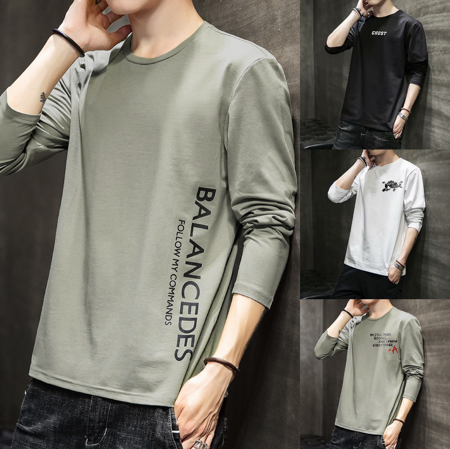 Autumn New Long-Sleeved Men's T-shirt Loose round Neck Trend Printed Fashion Brand Student Base Men's Autumn