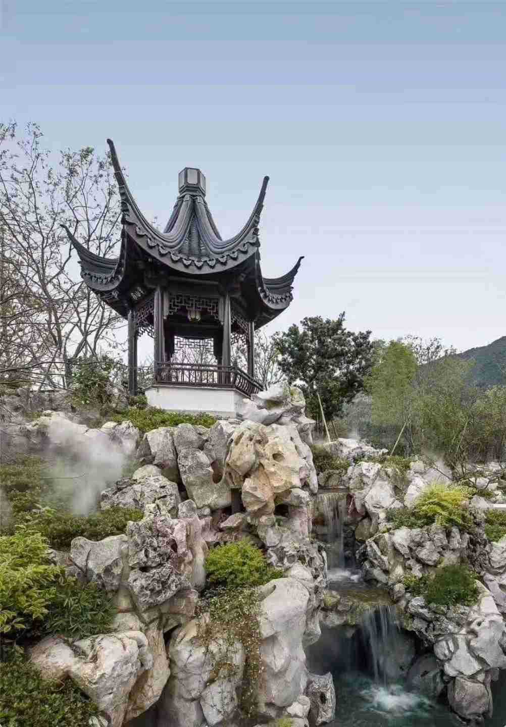 徽派园林景观假山 太湖石水系假山凉亭小乔桥流水 灵璧石 千层石