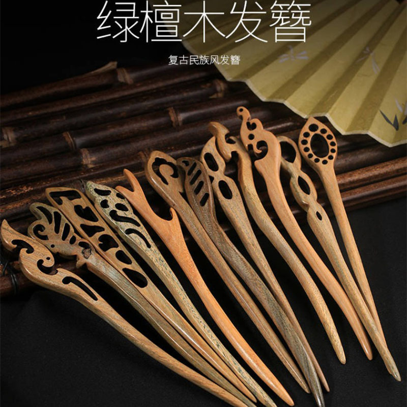 Solid Wood Hairpin Handmade Classical Green Sandalwood Hairpin Hairpin Antique Hair Accessories Ancient Hair Clasp Accessories Wholesale Price