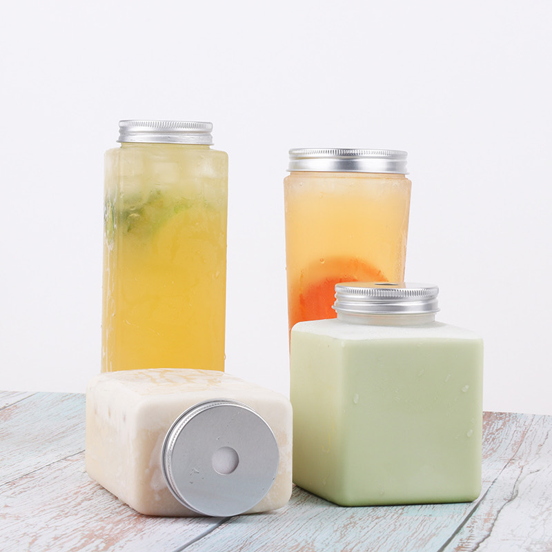 果汁瓶子320ml奶茶瓶pet塑料瓶方形外卖饮料瓶一次性带盖网红瓶杯