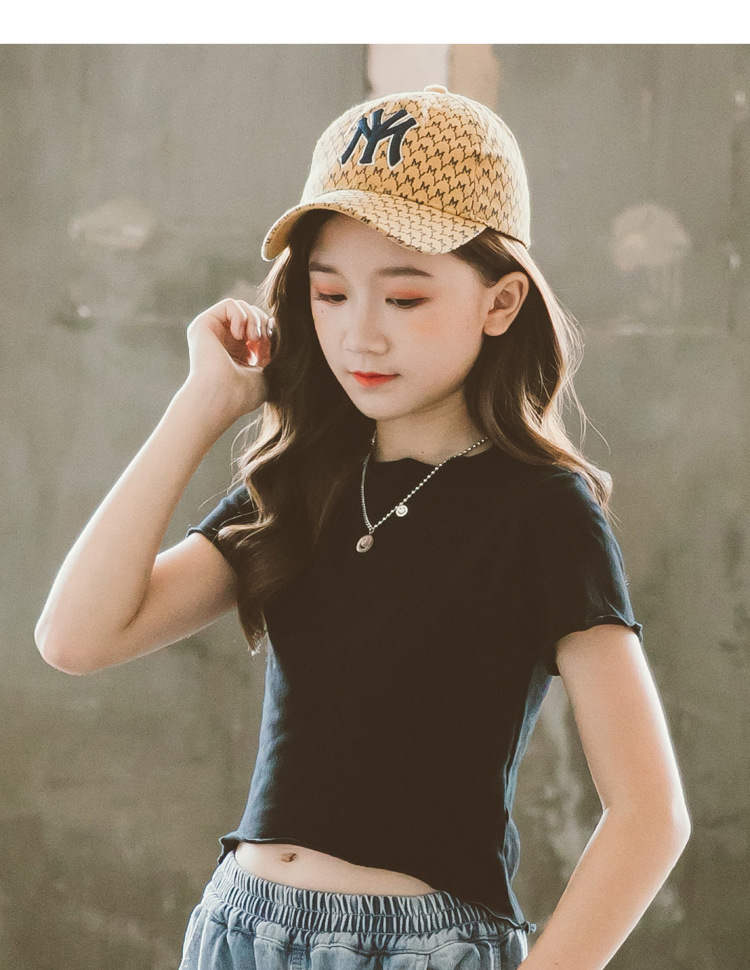 女童高腰t恤短袖露脐装童装夏季薄款爵士舞街舞儿童上衣露肚脐女