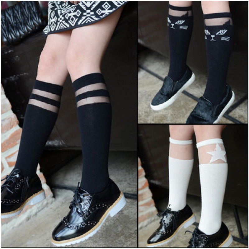 春夏新品棉蕾丝拼接中筒袜 潮妞儿童长筒袜 韩版校服袜女童袜子