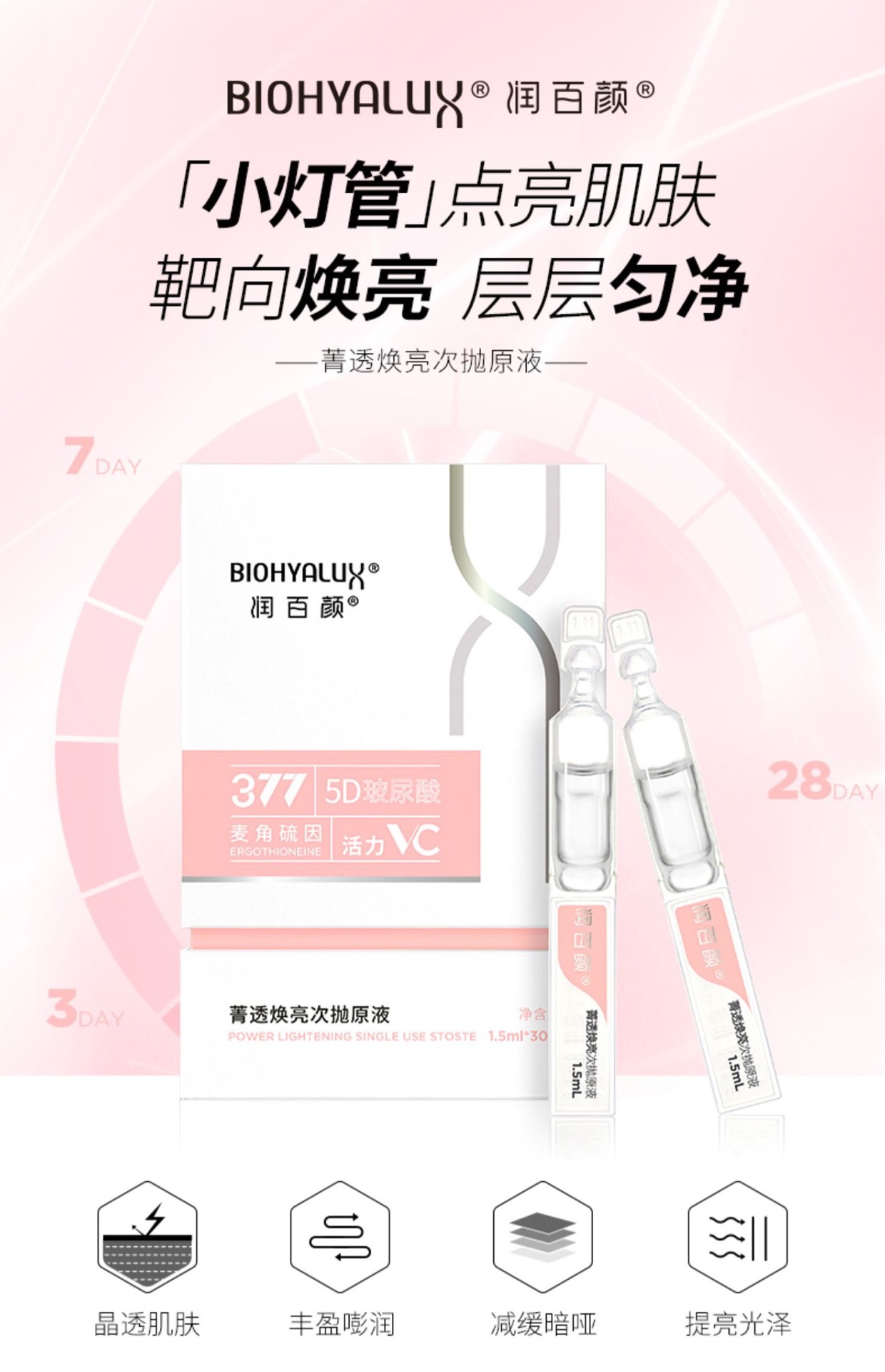 润百颜菁透焕亮377小灯管精华次抛玻尿酸vc精华液原液提亮肌肤