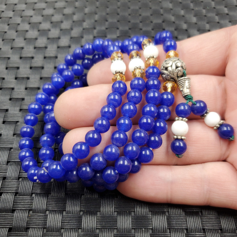 玉石宝蓝色圆珠手链石英岩玉108颗手链多圈手链玉手串