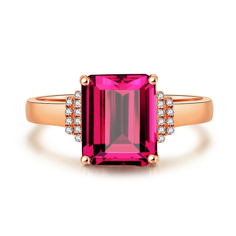 新款气质奢华长方形彩色宝石仿红碧玺开口戒指女时尚欧美活口指环
