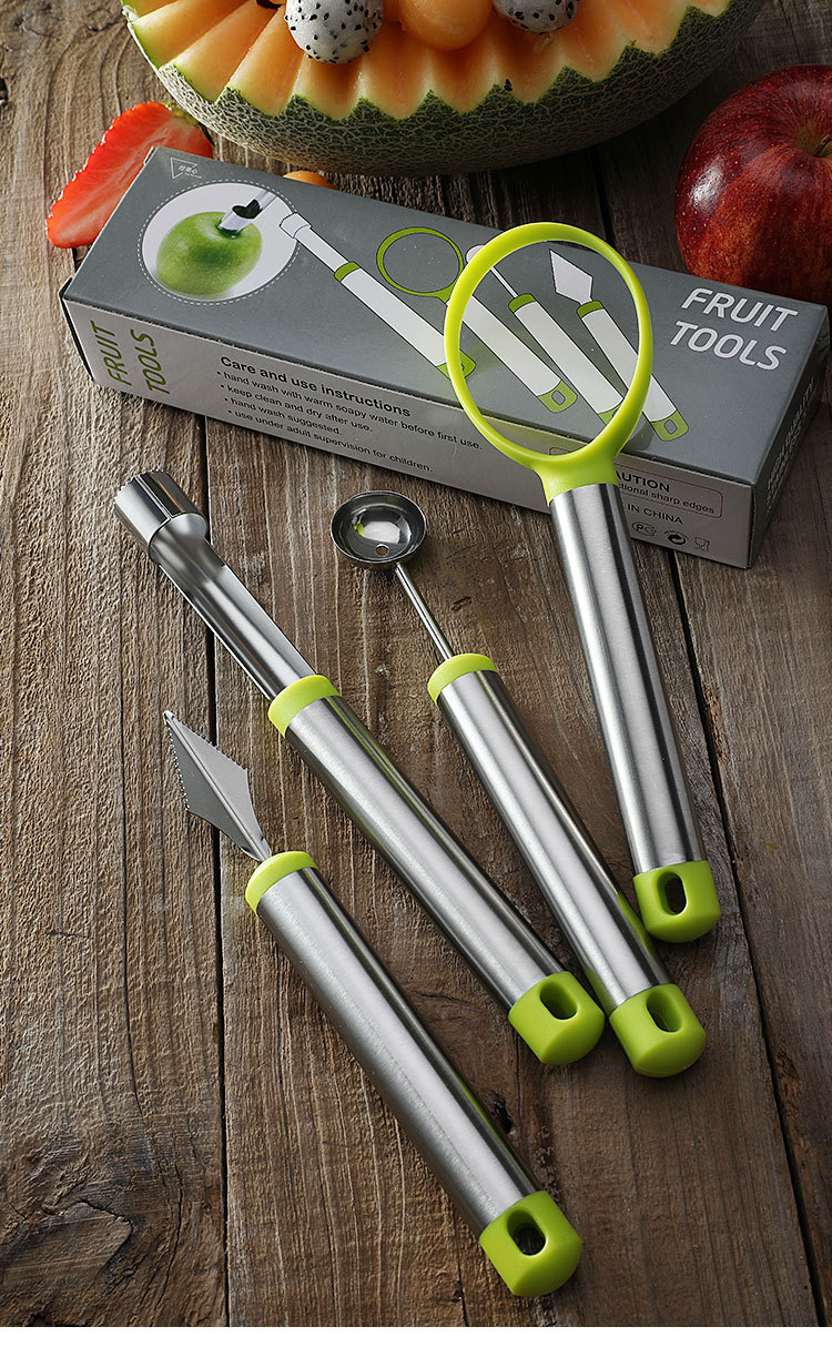 不锈钢水果挖球器4件套家用西瓜勺拼盘工具套装雕花刀果肉分离器