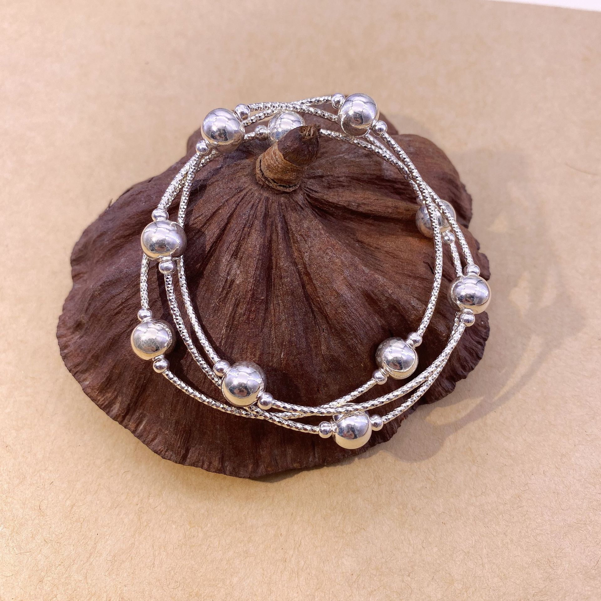 s925纯银车花弯管小球银珠子手链三圈银珠简约多圈原创diy串珠款