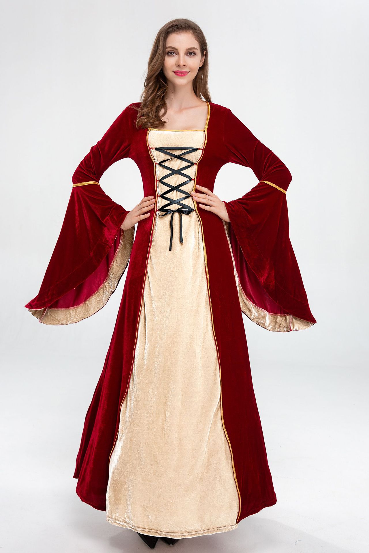 万圣节厂家直销欧洲中世纪复古绑带束腰 连衣裙一字领蝙蝠袖大摆