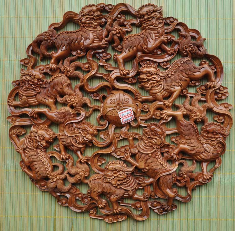 源头厂家桃木手工雕刻加工麒麟送子八宝看盘双鱼九狮龙马精神摆件