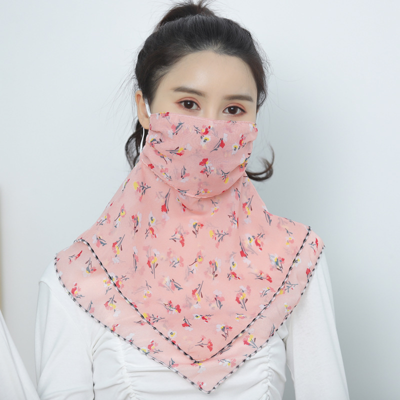 夏季防晒两用口罩女雪纺丝巾护颈可清洗防紫外线花朵骑车双层围脖