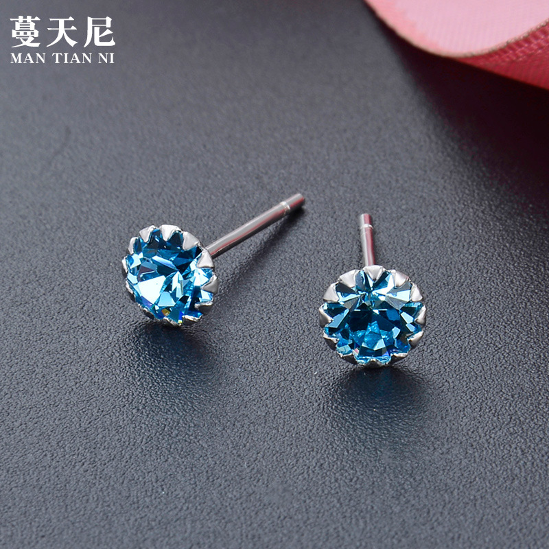 s925银镶生辰石耳钉女简约彩色糖果银饰耳骨钉夏季迷你小巧耳饰品