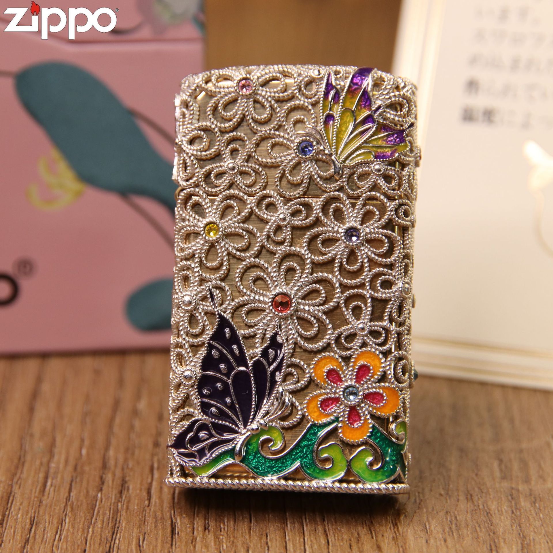 zippo煤油打火机珐琅镶嵌纯银纤巧机蝴蝶diy套壳
