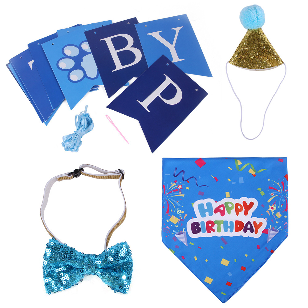 Summary Amazon Pet Birthday Dress up Set Hat Hanging Flag Saliva Towel Set Birthday Arrangement Props