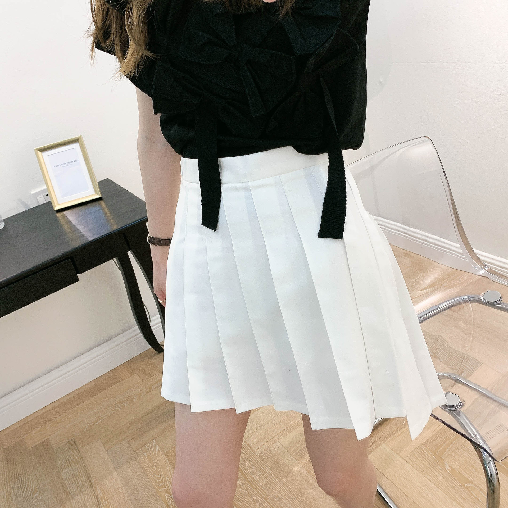 tb红白蓝织带百褶裙短裙2021新款夏防走光西装裙高腰裙子半身裙女